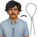 Short Black Wig for Men with Mustache and Bolo Tie for Mens Funny Costume 70s 80s Shag Cosplay Wig for Halloween Party