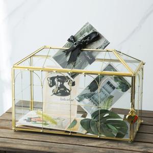 Glass Wedding Card Box with Slot, 12.6 inch Large Clear Card Box Gold Brass Gift Card Storage Box with Lock for Wedding Receptions, Baby Shower, Birthday Party, Bridal Shower