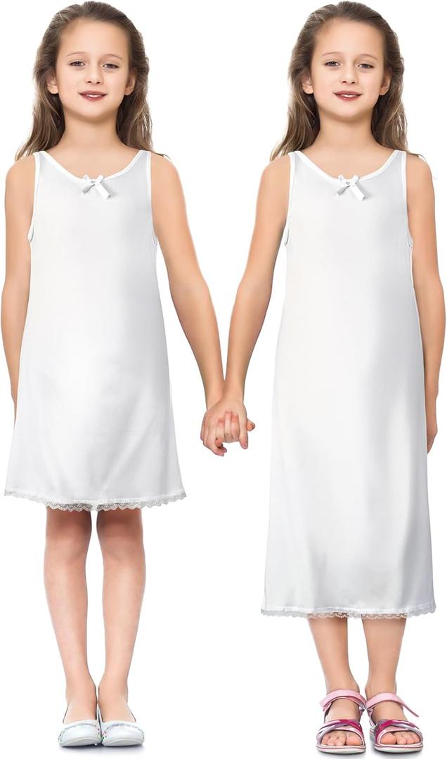 Toulite 2 Pcs Girls White Slip for Under Dresses Sleeveless Full Slip with Strap Lace Trim Tea and Knee Length Slips (10)