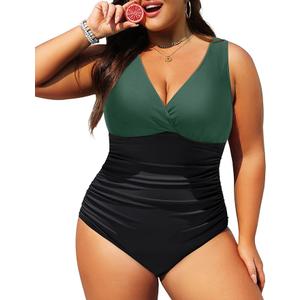 Amazon.ae Aqua Eve Women Plus Size One Piece Swimsuits Tummy Control Bathing Suits V Neck Ruched Swimwear Green and Black, Size 18W