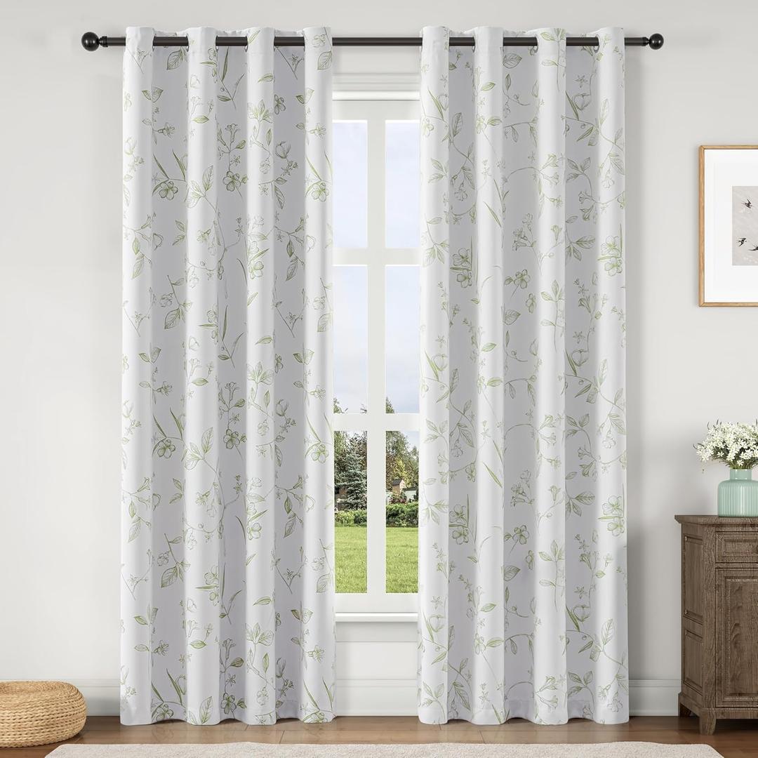 ChrisDowa 100% Blackout Floral Curtains 84 Inches Long 2 Panels for Bedroom Living Room Sage Green Flower Patterned Room Darkening Thermal Insulated Soundproof Grommet Window Treatments Drapes,52X84