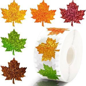 500Pcs Fall Maple Leaf Stickers,5 Colors Maple Leaf Decals Holographic Self Adhesive Label Stickers Roll for Autumn Thanksgiving Party Cards Seal Envelopes Supplies