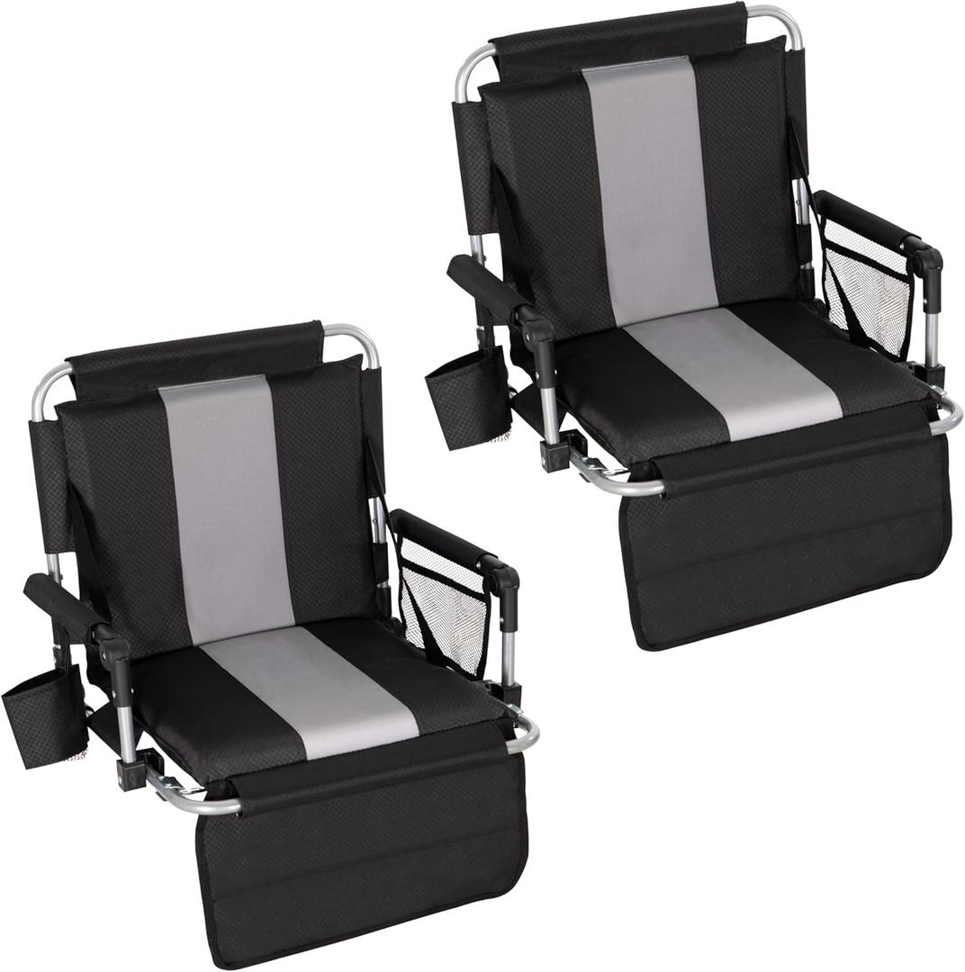 Foldable Stadium Seat Portable Folding Stadium Chairs Padded Bleacher Seat Cushion Bleacher Chair with Armrest and Cup Holder (Black-grey2)