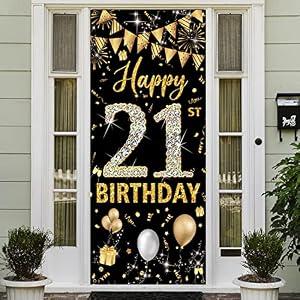 21st Birthday Decorations Door Banner, Black Gold Happy 21st Birthday Decorations for Her Him, Door Cover Sign Poster Decoration, 21 Birthday Party Photo Props Backdrop Women Men, 6.1ft x 3ft PHXEY