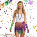 8Pcs Mardi Gras Outfit Accessories Set for Women Mardi Gras Costumes Tassel Sequins Fringe Skirt Beads Necklace Earrings Mask Fishnet Gloves Bracelet Purple