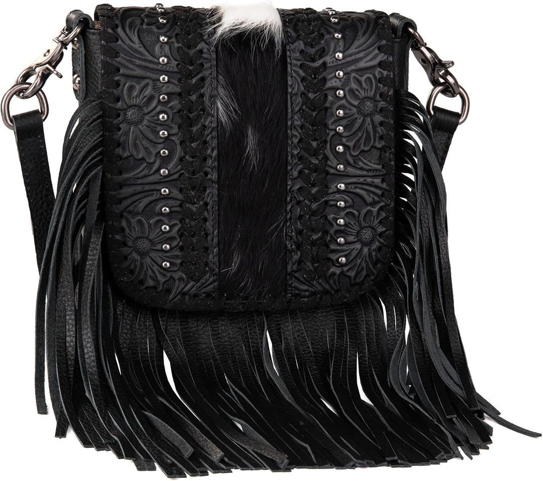 Montana West Fringe Purse Western Purses for Women Crossbody Bag (E2-floral Tooled With Hair-on Cowhide-black)