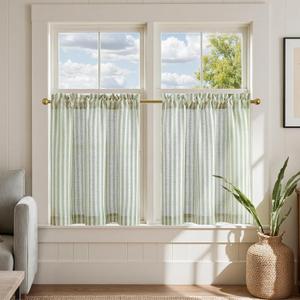 jinchan Striped Linen Kitchen Curtains 24 Inches Length Tier Curtains Farmhouse Modern Cafe Style Small Window Treatments Airy Light Filtering Rod Pocket for Living Room Bathroom 2 Panels Sage Green
