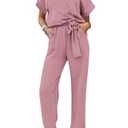 PRETTYGARDEN Women's One Piece Jumpsuits Dressy Casual Summer Short Sleeve Wrap V Neck Belted Wide Leg Pants Romper (Pink,Small)