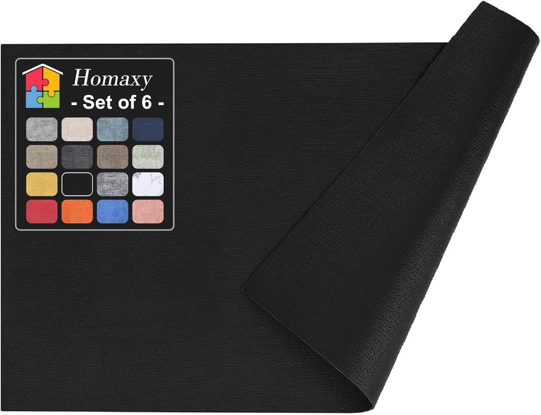 Homaxy Faux Leather Heat Resistant Placemats for Dining Table Set of 6, Waterproof Wipeable Washable PU Table Mats, Easy to Clean Anti-Slip Place Mats, 11.8" x 17", Black