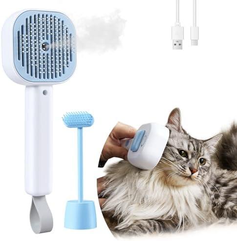 Cat Steam Brush Spritz Defur Comb for Indoor Kitten Shedding with Massage Comb, Water Slicker Grooming Brush for Long Short Pet Hair Collect with Release Button, Adjustable Mist Mode, Blue