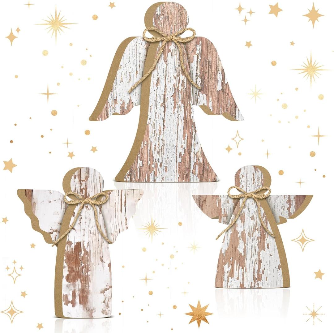 3 Pcs Rustic Angel Table Decor Indoor, Christmas Winter Wooden Standing Decorations Rustic Farmhouse Angel Figurine Tiered Tray Tabletop Centerpieces for Home Kitchen Fireplace Holiday Party