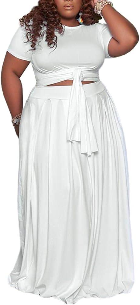 Ophestin Womens Plus Size 2 Piece Dress Outfits Solid Color Crop Top Maxi Skirts Set (5X-Large, White)