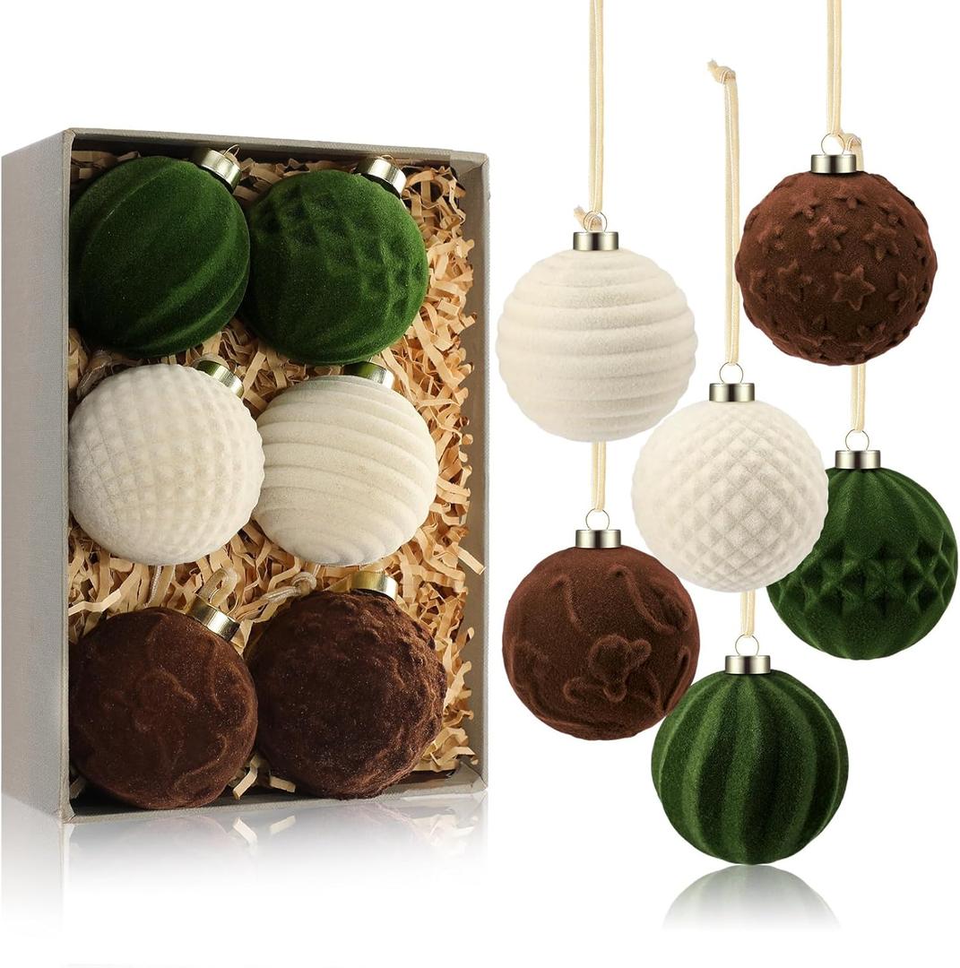 Jetec 12 Pcs Neutral Velvet Christmas Ball Ornaments 2.36 Inch Flocked Xmas Tree Hanging Decoration Plastic Velvet Christmas Ornaments with 6 Styles for Xmas Holiday Party Decoration