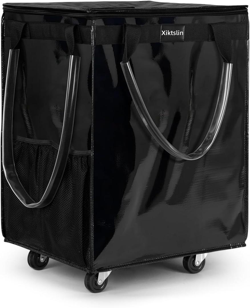(Large, Black) Reusable Grocery Bag on 5 Wheels, Foldable Rolling Tote Carries Up to 76lb Shopping Trolley, Rolling Bag with 3 Handles, Zipper Clouser Rolling Tote Bag with Wheels for Laundry