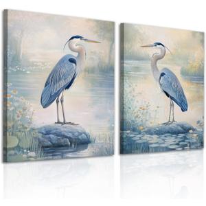 OAAPITI 2 Pcs Blue Heron Wall Art Watercolor Birds Canvas Print Nature Inspired Art for Living Room Coastal Home Decor, 24"L x 16"W