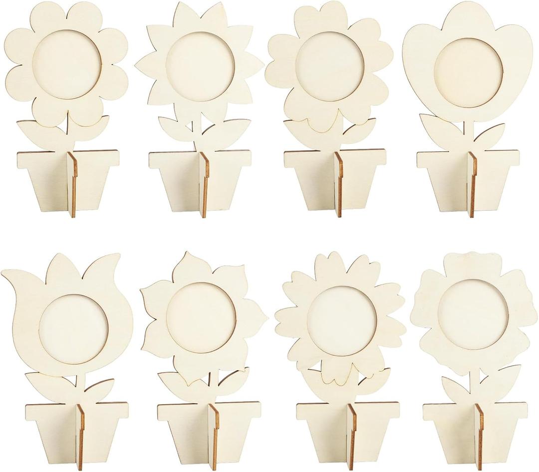 8Pcs Flower Spring Wood Crafts to Paint, Wooden Flowers Picture Frame for Craft, 3D Unfinished Spring Picture Frame Craft for Painting, DIY Mothers Day Gifts Flower Cutouts for Painting Decorations