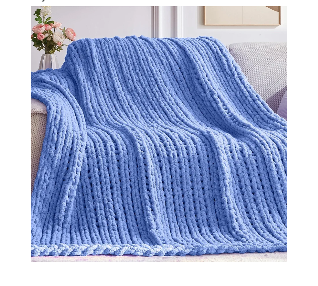 Chunky Knit Throw Blanket, 80''*90'' Knitted Throw Chenille Yarn for Bed Couch, Handmade Light Blue Crochet Big Thick Blanket, Machine Washable Cute Comfy Blanket for Home Decor
