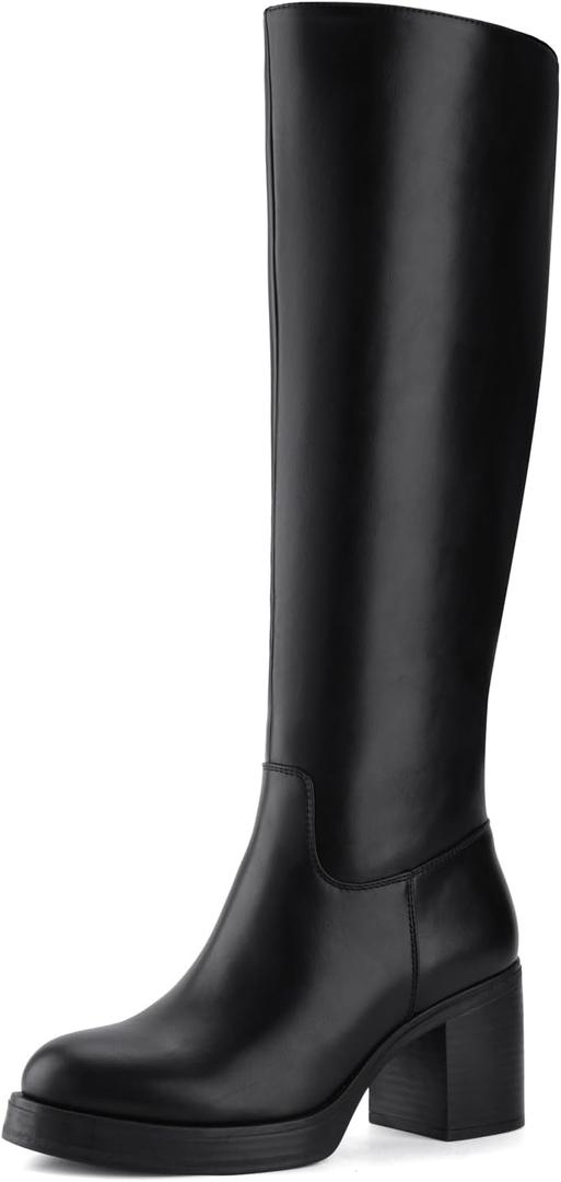 Shoe'N Tale Platform Knee High Boots for Women Block Chunky Heel Round Toe Side Zipper Tall Boots, Size 6