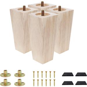 Furniture feet Table Legs Couch Legs Unfinished Square Bed Feet 5 inch Wood Replacement Leg for Furniture Set of 4, Natural (4set, 5in)