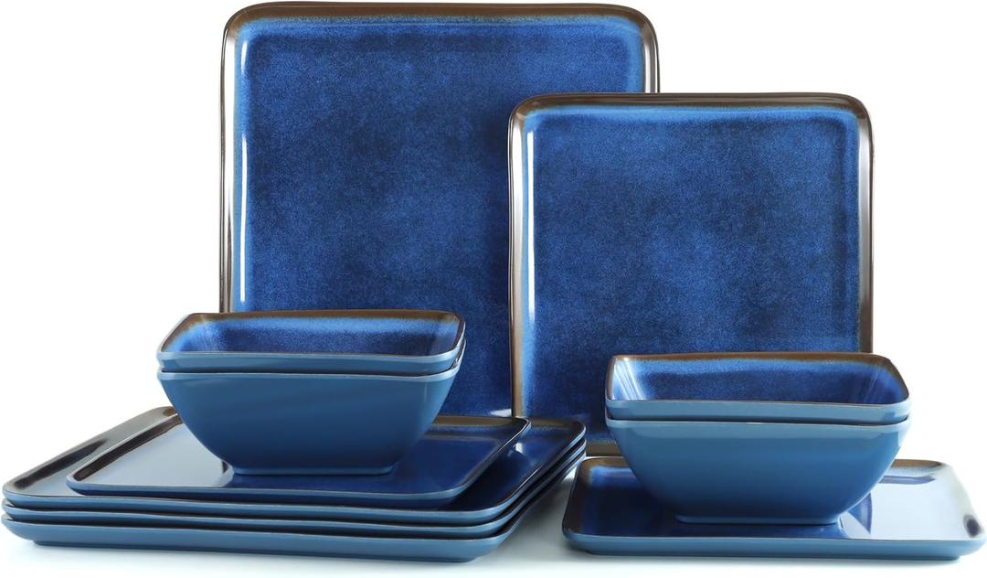 Square Melamine Dinnerware Set of 12pcs, Blue Dish Set for 4,Unbreakable Plate and Bowl Set, Lightweight, Dishwasher Safe and BPA Free,Suit for RV,Camping