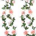 Felice Arts 2 Pack Pink Artificial Flower Garland, Each 6.5FT Fake Rose Vines, Hanging Floral Rose Garland for Wedding Baby Shower Swing Table Home Party Decor