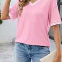 MEROKEETY Women's 2025 Short Sleeve V Neck Tee Tops Summer Color Block Loose Casual T Shirts (Pink, S)
