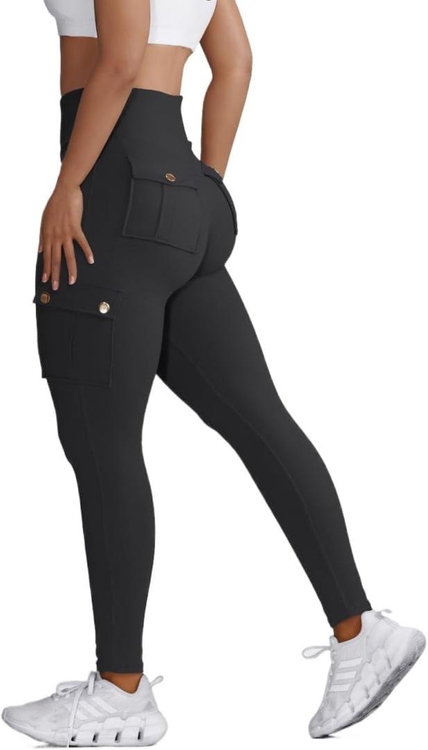 Butt Lifting Leggings with Flap Pockets Workout Cargo Leggings for Women High Waist Tummy Control Running Yoga Pants (M)