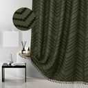 Extra Long Olive Green Boho Shower Curtain with Tassel, Woven Fabric 84 in Shower Curtain, Tufted Chevron Striped, 72 x 84, Modern Chic Textured Minimalist Bathroom Shower