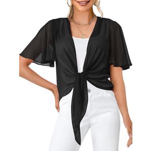 MEROKEETY Women's Summer Lightweight Sheer Shrugs Tie Front Chiffon Cardigan Cover Up Shawls for Evening Dresses (Black, XL)