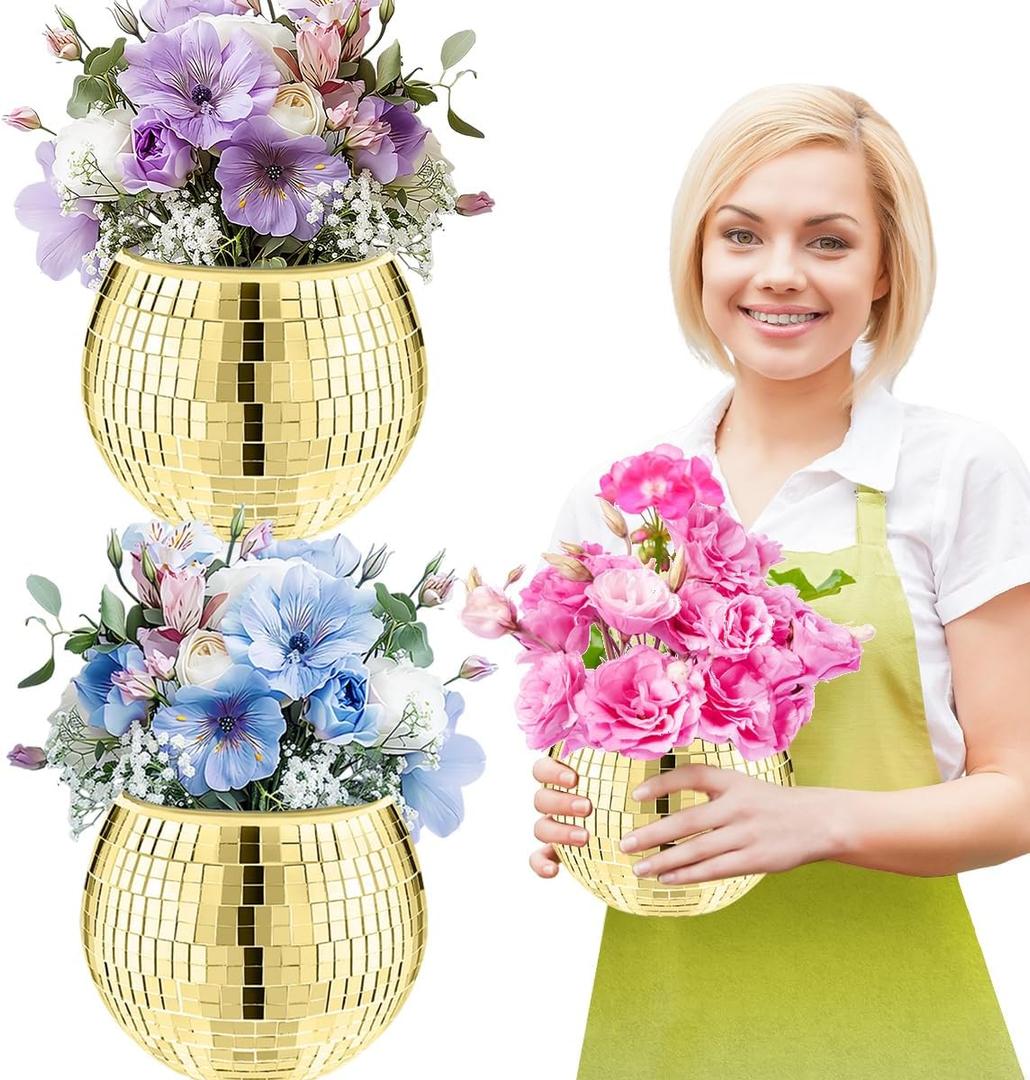 2 Pcs Disco Ball Vase,4.4 x 6 Inch Mirrored Disco Ball Planter,Disco Ball Candle Holders Perfect Disco Decorative Planters for Living Room Bedroom Table Wedding Party Birthday(Gold)