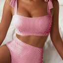 Herseas Women's Tie Shoulder Bikini Sets 2 Piece Striped Swimsuits High Waisted Bathing Suits (Red, L)
