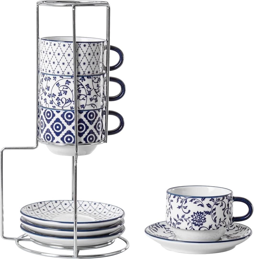 Ceramic Espresso Cups with Saucers and Metal Stand - 2.5oz Porcelain Cappuccino Coffee Cups Set for Espresso Latte Cafe Mocha Tea Drinks - Set of 4 - Vintage Blue