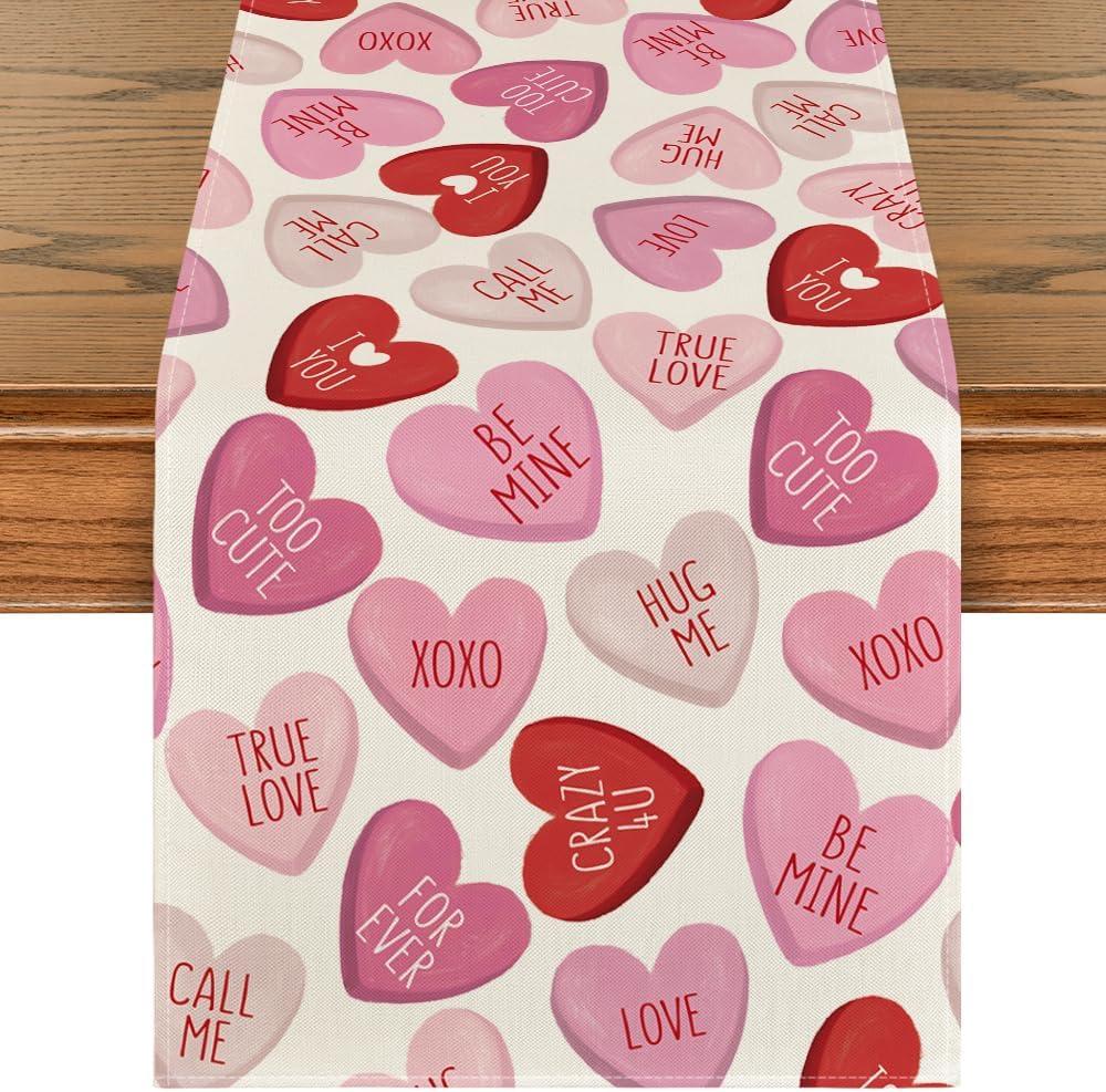 Artoid Mode Pink Ture Love Heart Valentine's Table Runner, Festival Anniversary Kitchen Dining Table Decoration for Home Party Decor 13x120 Inch (13" x 120", Table Runner)