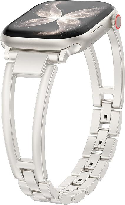 Wearlizer Compatible with Apple Watch Band 42/46/38/40/41/44/45/49mm Women, Dressy Fancy Stainless Steel Metal Strap Pretty Slim Designer Bracelet for iWatch Series 11 10 9 8 7 6 5 4 SE/Ultra 3 2 1, Starlight