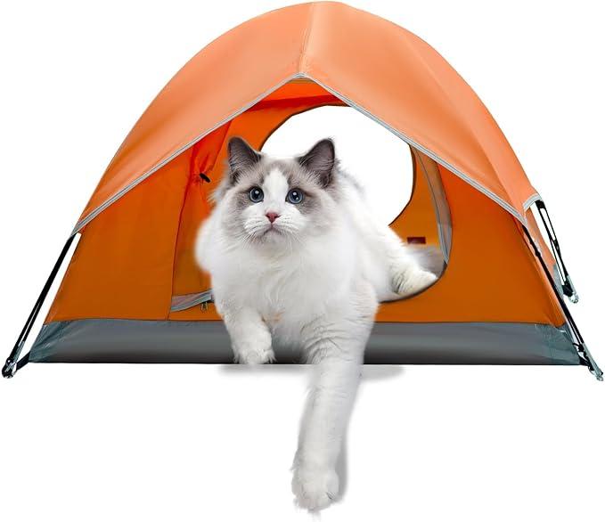 Outdoor Waterproof Pet Camping Tent, Cave Bed for Indoor Cats and Small Dogs, Portable Cat House Dog House, 21.6x21.6x14.9'', Orange, M.