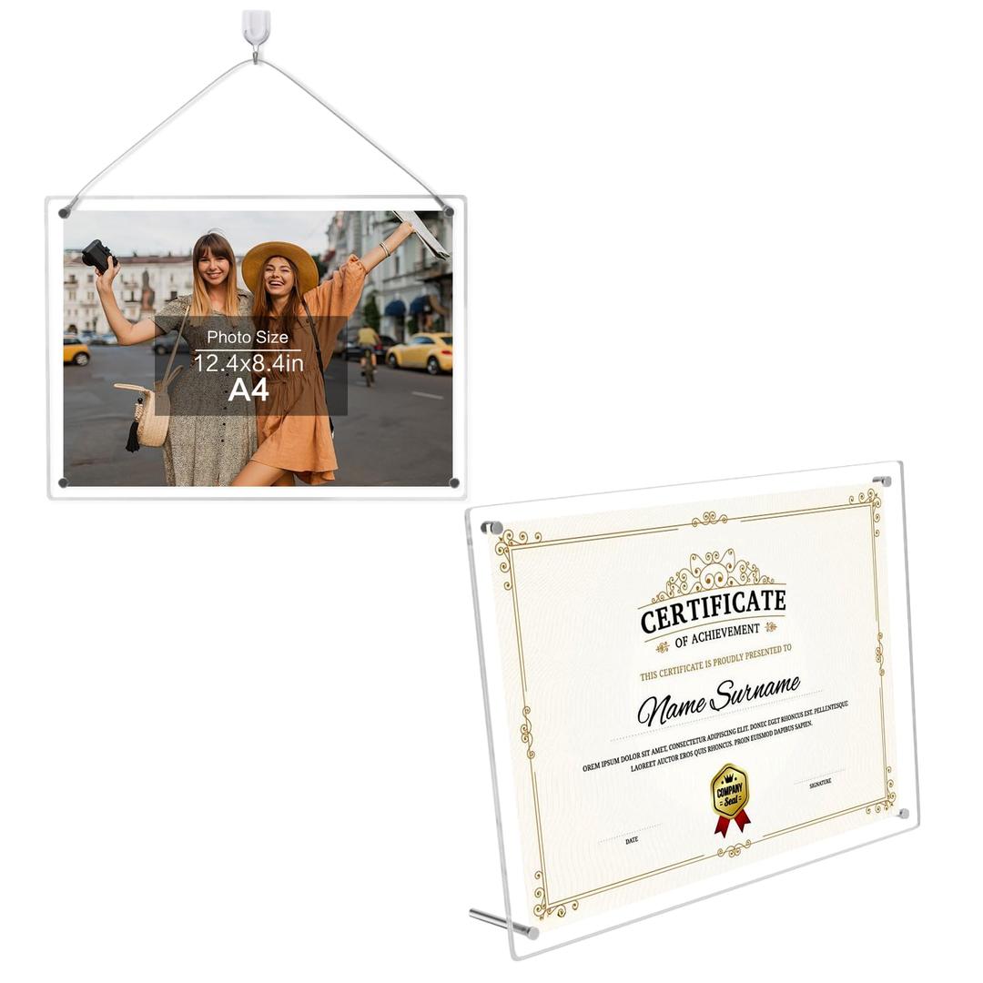 CRAFTIFANO Acrylic Picture Frame 5x7 Inch Desktop Clip Frame Desktop Convertible Horizontal Vertical Display for Photos Art Certificates UV Protected Floating Frame (3, Clear)