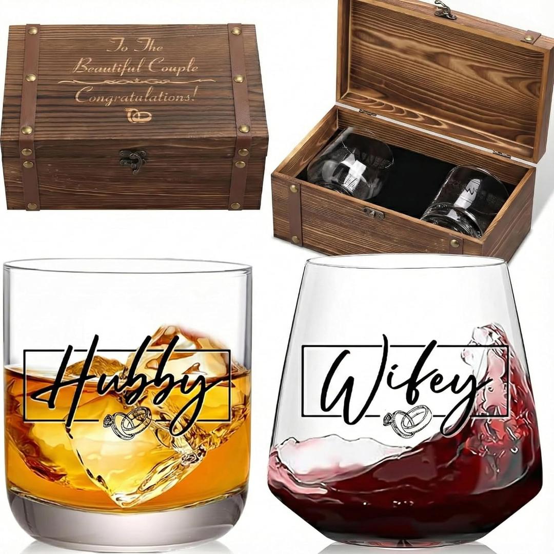 Wedding Gifts for Couples 2026, Hubby and Wifey Memory Wooden Box Set, Bridal Shower Gift, His and Hers Gift, Anniversary Valentine's Day Gifts for Bride and Groom