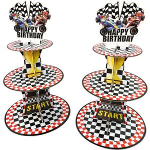 2 Pack Race Cars Cupcake Stands Birthday Party Supplies, 3-Tier Two Fast Racing Car Cardboard Cupcake Holder Dessert Display, Cars Wheels Birthday Decorations