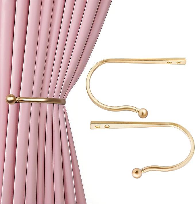 Mayrhyme Mini Ball Curtain Holdbacks 2 Pack,Solid Zinc Alloy Wall Mounted Curtain Tiebacks & Hooks, Unique Shape Curtain Holders， Modern Curtain Pull Backs for Drapes, Curtains,Warm Gold