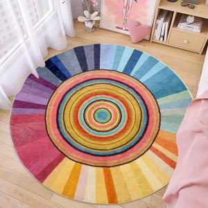 Kids Rug Circle Sun Rug 4Ft Round Modern Abstract Girls Bedroom Carpet Round Rainbow Nursery Mat Playroom Bedside Area Rug for Children Cartoon Crawling Mat for Home Decor