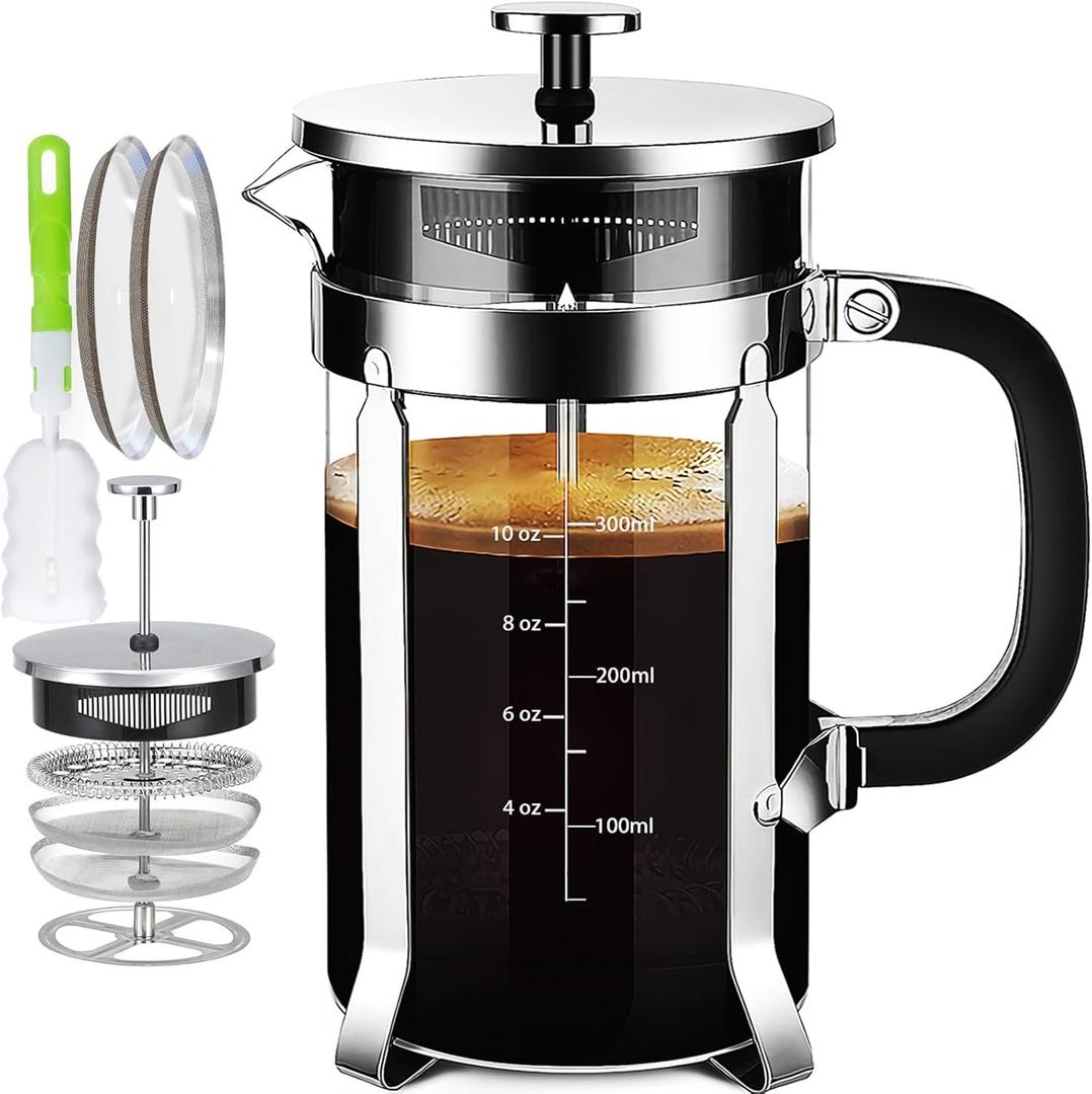 French Press Coffee Maker 304 Stainless Steel Coffee Press,with 4 Filters System, Heat Resistant Thickness Borosilicate French Press Glass, BPA-Free Brewed Tea Pot Coffee Plunger(Copper 12oz) (Silvery)