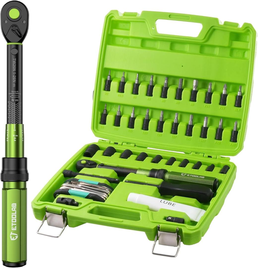 etoolab 1/4 Torque Wrench with Bike Tire Repair kit, 37Pcs Dual-Range1-26 Nm/10-231.3 in.lb3% Precision Inch Pound Torque Wrench, 72 Tooth Dual-Direction for MTB, E-Bike, Moto Maintenance