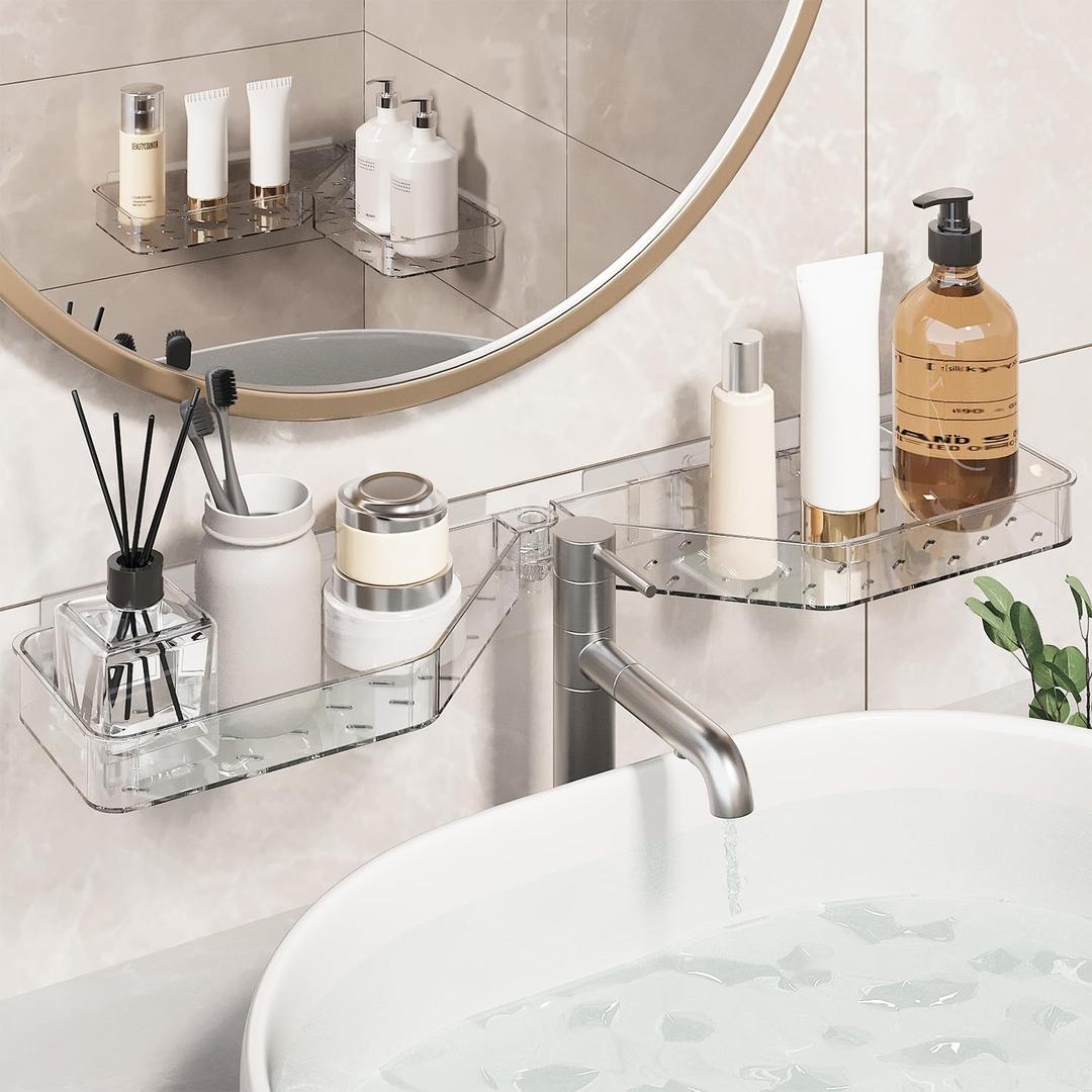 Corner Shower Caddy, Wall Mounted Acrylic Shower Shelf with Adhesive Tapes,Drainage Holes,Adjustable Angles,No Drilling,Hanging Shower Storage Organizer for Bathroom Toilet Kitchen Organization