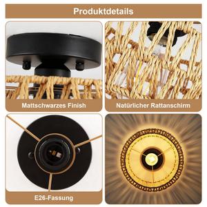  LED Rattan Deckenlampe aus Rattan/Metall Boho Pendelleuchte