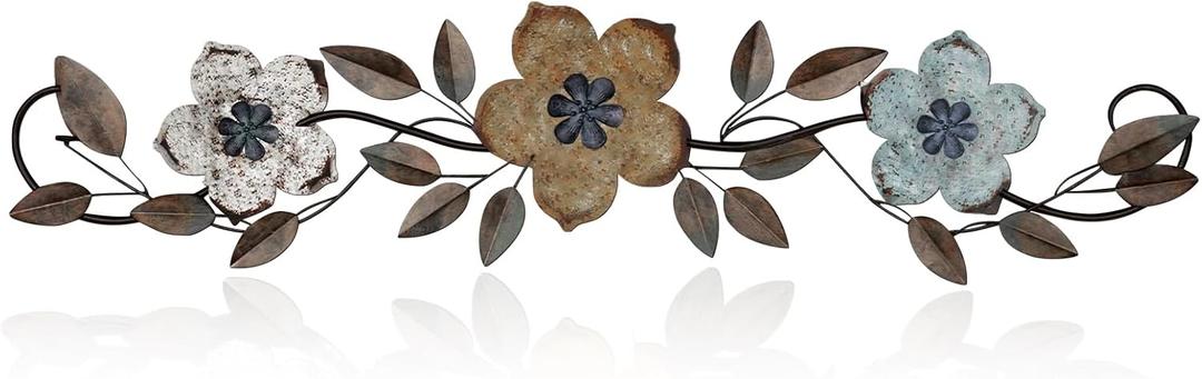 Wesiti Metal Flower Wall Decor Vintage Spring Metal Flower Wrought Iron Scroll Sculpture 15.7''x3.7'' Farmhouse Leaves Wall Decor with Nails for Spring Living Room Bedroom Indoor Outdoor(Colorful)