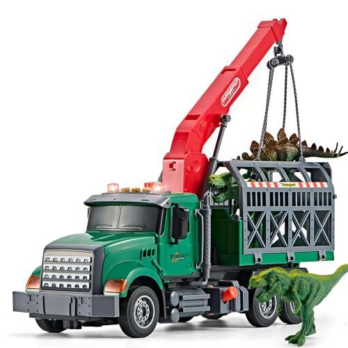 LerBao Large Dinosaur Transport Truck Toys for 3 4 5 6 7 8 Year Old Boys, Truck with Loading Crane,Lights and Sounds Vehicles Toy for Kids Childs Toddlers Christmas Birthday Gift