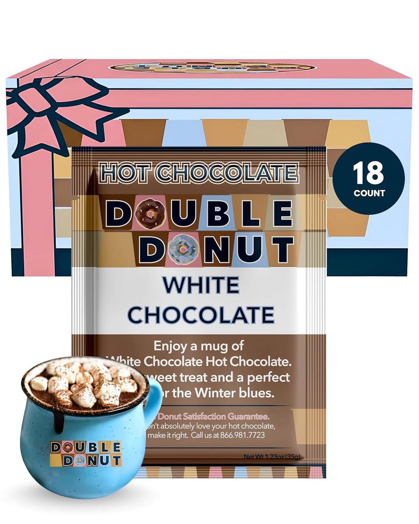 Double Donut Coffee Double Donut White Hot Chocolate Mix Packets, Flavored White Hot Cocoa Mix Packets, 18 Count (EXP 03/18/27)