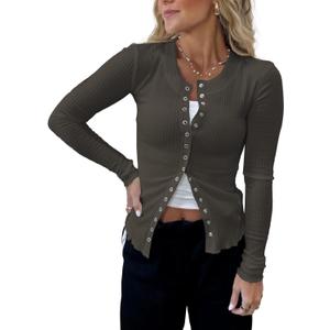 Women's Long Sleeves Snap Button Down Blouses Stretchy Waffle Knit Basic Crew Neck Shirts (Medium, Army Green)