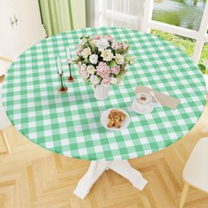 Smiry Round Picnic Tablecloth, Elastic Waterproof Fitted Vinyl Tablecloths for 36"-44" Tables, Flannel Backed Buffalo Plaid Table Cover for Dining, Camping, Outdoor, White and Sage Green