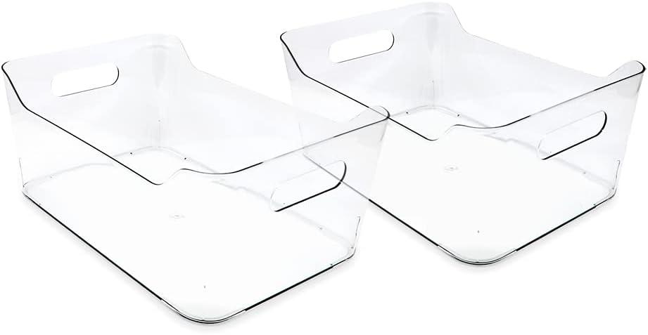 Isaac Jacobs 2-Pack Large Clear Storage Bins (13.5 x 10 x 6) w/ Handles, Plastic Box Set, Home, Office, Fridge, Freezer, Kitchen, Pantry Organization Container, BPA-Free/Food Safe (Large, 2 Pack)